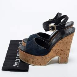 Pre Owned Fendi Navy Blue Denim and Lizard Embossed Leather Cork Wedge Platform Ankle Strap Sandals Size 38