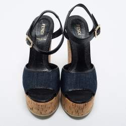 Pre Owned Fendi Navy Blue Denim and Lizard Embossed Leather Cork Wedge Platform Ankle Strap Sandals Size 38