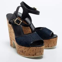 Pre Owned Fendi Navy Blue Denim and Lizard Embossed Leather Cork Wedge Platform Ankle Strap Sandals Size 38