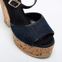 Pre Owned Fendi Navy Blue Denim and Lizard Embossed Leather Cork Wedge Platform Ankle Strap Sandals Size 38