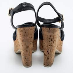 Pre Owned Fendi Navy Blue Denim and Lizard Embossed Leather Cork Wedge Platform Ankle Strap Sandals Size 38