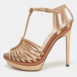 Pre Owned Fendi Metallic Gold Leather T Strap Platform Sandals Size 37