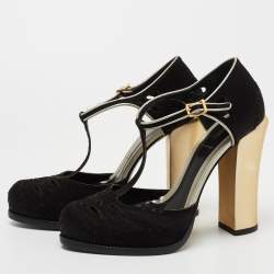 Pre Owned Fendi Black Cut Out Satin T-Strap Pumps Size 39