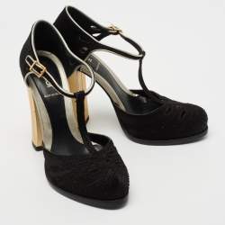 Pre Owned Fendi Black Cut Out Satin T-Strap Pumps Size 39