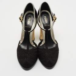 Pre Owned Fendi Black Cut Out Satin T-Strap Pumps Size 39