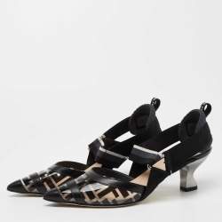 Fendi Black Leather and Zucca PVC Colibri Slingback Pumps Size 37