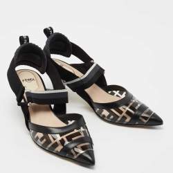 Fendi Black Leather and Zucca PVC Colibri Slingback Pumps Size 37
