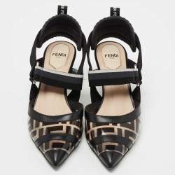 Fendi Black Leather and Zucca PVC Colibri Slingback Pumps Size 37