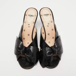 Fendi Black Leather Bow FF Karligraphy Slide Sandals Size 38