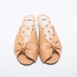 Fendi Beige Leather Bow FF Karligraphy Slide Sandals Size 38