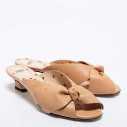 Fendi Beige Leather Bow FF Karligraphy Slide Sandals Size 38