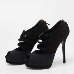 Fendi Black Suede and Glitter Peep Toe Booties Size 36