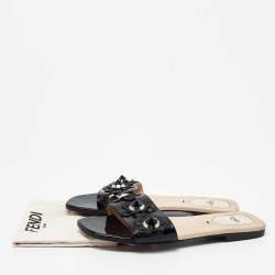 Pre Owned Fendi Black Patent Leather Flowerland Flat Slides Size 37.5 