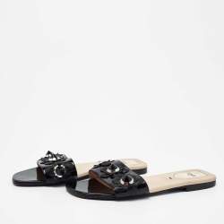 Pre Owned Fendi Black Patent Leather Flowerland Flat Slides Size 37.5 