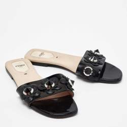 Pre Owned Fendi Black Patent Leather Flowerland Flat Slides Size 37.5 