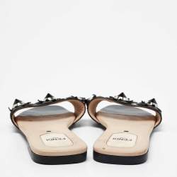 Pre Owned Fendi Black Patent Leather Flowerland Flat Slides Size 37.5 