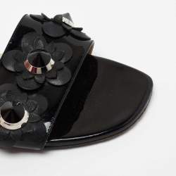 Pre Owned Fendi Black Patent Leather Flowerland Flat Slides Size 37.5 
