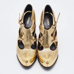 Pre Owned Fendi Metallic Gold Perforated Leather Platform Booties Size 38