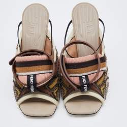 Pre Owned Fendi Multicolor Fabric and Mesh FF Freedom Patchwork Ankle Strap Sandals Size 37