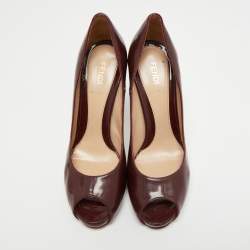 Fendi Burgundy Patent Leather Zucca Print Heel Peep Toe Pumps Size 38