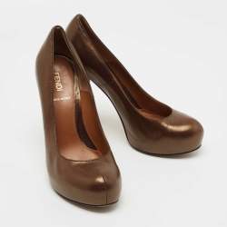 Pre Owned Fendi Metallic Brown Leather Platform FF Pumps Size 38
