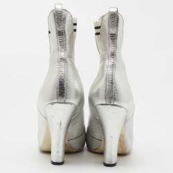 Pre Owned Fendi Silver Leather Marie Antoinette Ankle Boots Size 39