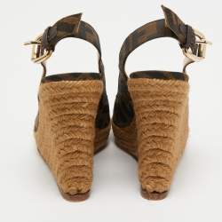 Pre Owned Fendi Brown Zucca Canvas Espadrille Wedge Platform Slingback Sandals Size 35
