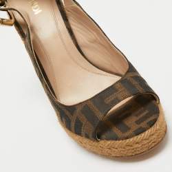 Pre Owned Fendi Brown Zucca Canvas Espadrille Wedge Platform Slingback Sandals Size 35