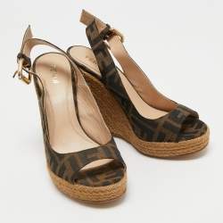 Pre Owned Fendi Brown Zucca Canvas Espadrille Wedge Platform Slingback Sandals Size 35