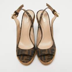 Pre Owned Fendi Brown Zucca Canvas Espadrille Wedge Platform Slingback Sandals Size 35
