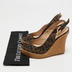 Pre Owned Fendi Brown Zucca Canvas Espadrille Wedge Platform Slingback Sandals Size 35
