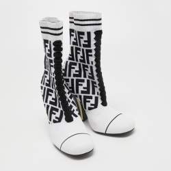 Pre Owned Fendi White/Black Knit Fabric Rockoko Ankle Boots Size 37