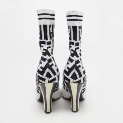 Pre Owned Fendi White/Black Knit Fabric Rockoko Ankle Boots Size 37