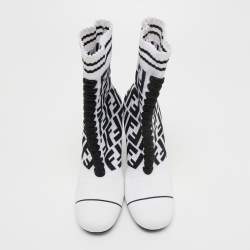 Pre Owned Fendi White/Black Knit Fabric Rockoko Ankle Boots Size 37