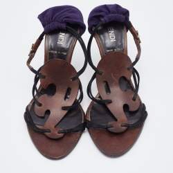 Pre Owned Fendi Multicolor Leather and Fabric Caged Ankle Strap Sandals Size 36.5