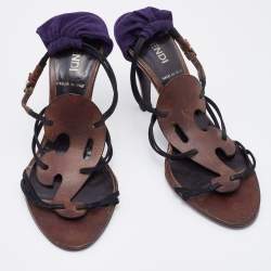 Pre Owned Fendi Multicolor Leather and Fabric Caged Ankle Strap Sandals Size 36.5