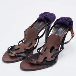 Pre Owned Fendi Multicolor Leather and Fabric Caged Ankle Strap Sandals Size 36.5