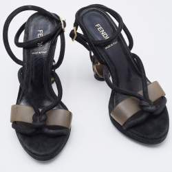 Pre Owned Fendi Black Suede Metal Caged Heel Ankle Strap Platform Sandals Size 37