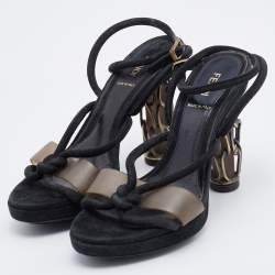 Pre Owned Fendi Black Suede Metal Caged Heel Ankle Strap Platform Sandals Size 37