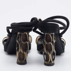 Pre Owned Fendi Black Suede Metal Caged Heel Ankle Strap Platform Sandals Size 37