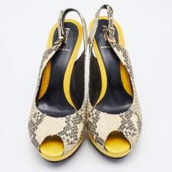 Pre Owned Fendi Cream/Black Python Embossed Leather Peep Toe Platform Slingback Pumps Size 38
