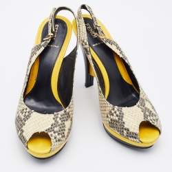 Pre Owned Fendi Cream/Black Python Embossed Leather Peep Toe Platform Slingback Pumps Size 38