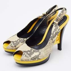 Pre Owned Fendi Cream/Black Python Embossed Leather Peep Toe Platform Slingback Pumps Size 38