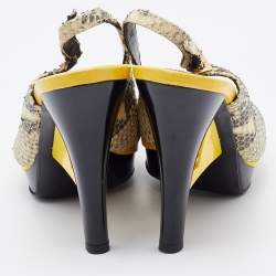 Pre Owned Fendi Cream/Black Python Embossed Leather Peep Toe Platform Slingback Pumps Size 38