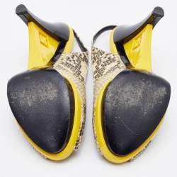 Pre Owned Fendi Cream/Black Python Embossed Leather Peep Toe Platform Slingback Pumps Size 38