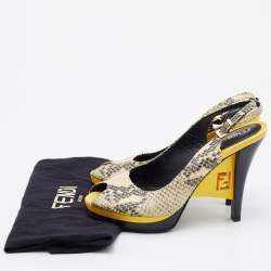 Pre Owned Fendi Cream/Black Python Embossed Leather Peep Toe Platform Slingback Pumps Size 38