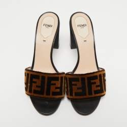 Pre Owned  Fendi Brown/Black Zucca Velvet And Leather Slip On Slides Size 39