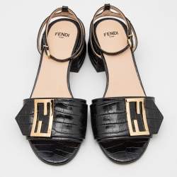 Pre Owned Fendi Black Croc Embossed Leather Promenade Ankle Strap Sandals Size 35