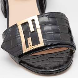Pre Owned Fendi Black Croc Embossed Leather Promenade Ankle Strap Sandals Size 35