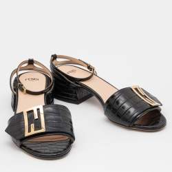 Pre Owned Fendi Black Croc Embossed Leather Promenade Ankle Strap Sandals Size 35